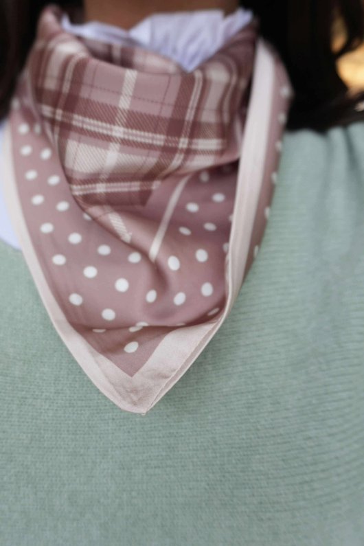 Plaid & Polka Border Triangle Silk Neckerchief Almond